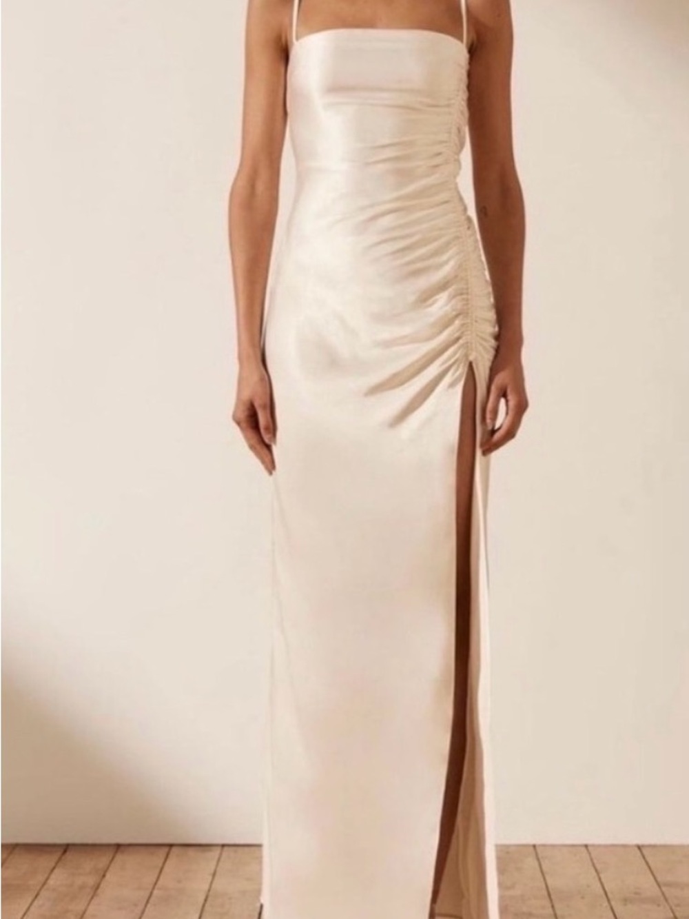 Shonda Joy- Elegant Cream Satin Ruched Side-Slit Maxi Dress
